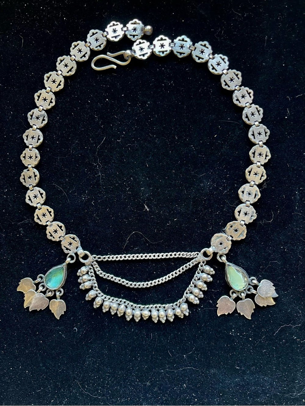 Rajhastani ca. 1970’s Sterling Silver Panel Link Necklace w Droplets/glass